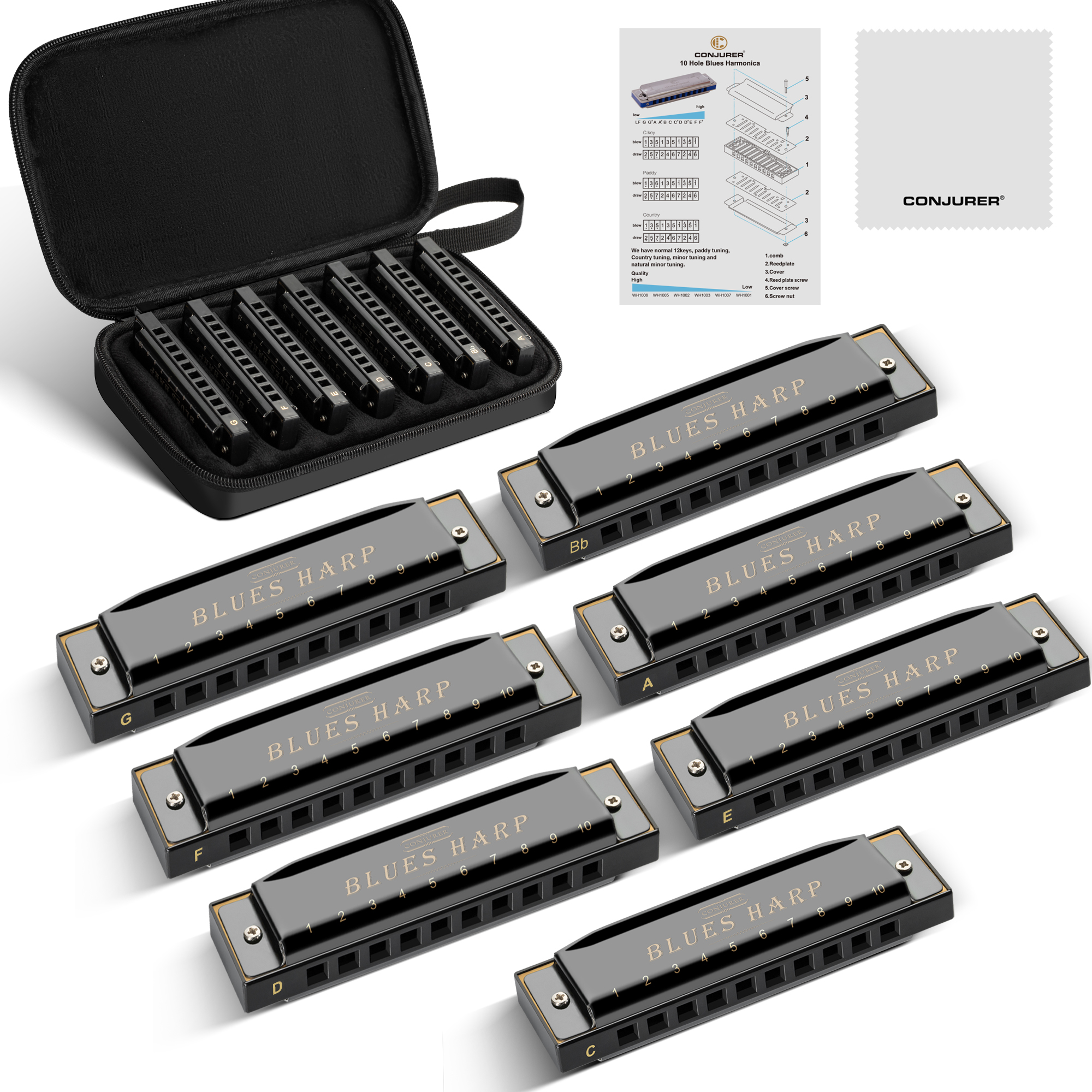 Harmonica 10 Hole - CONJURER Blues Harmonica Set of 7